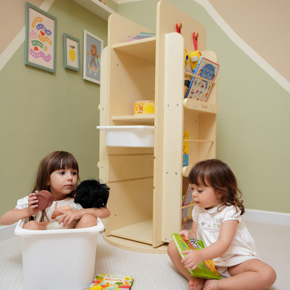 Natural wooden library rotating bookshelf and 3 storage boxes