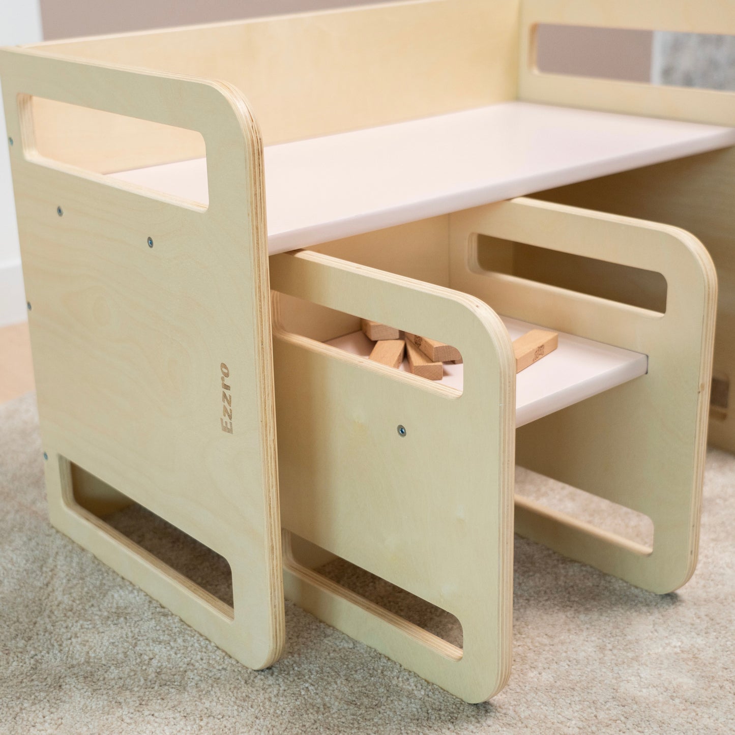 Wooden Montessori table set for kids- Light Pink