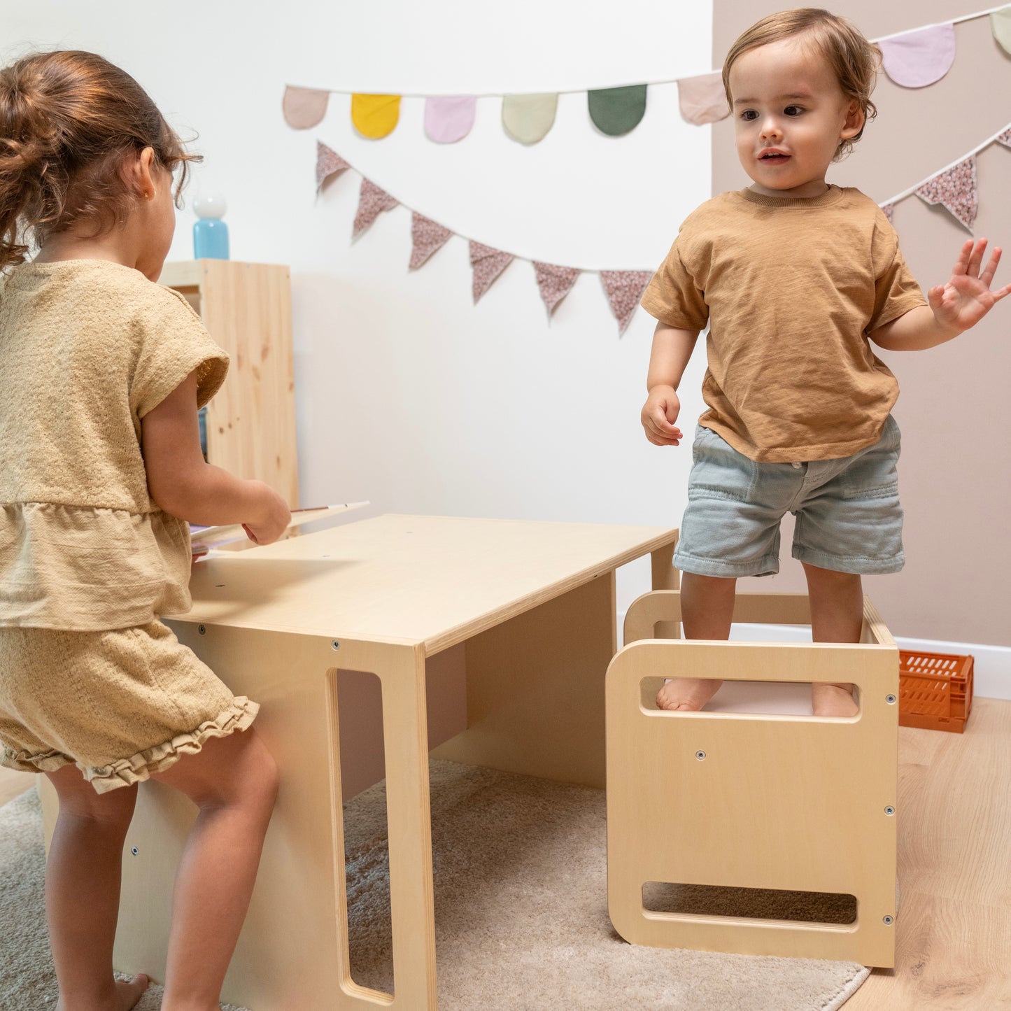 Wooden Montessori table set for kids- Light Pink