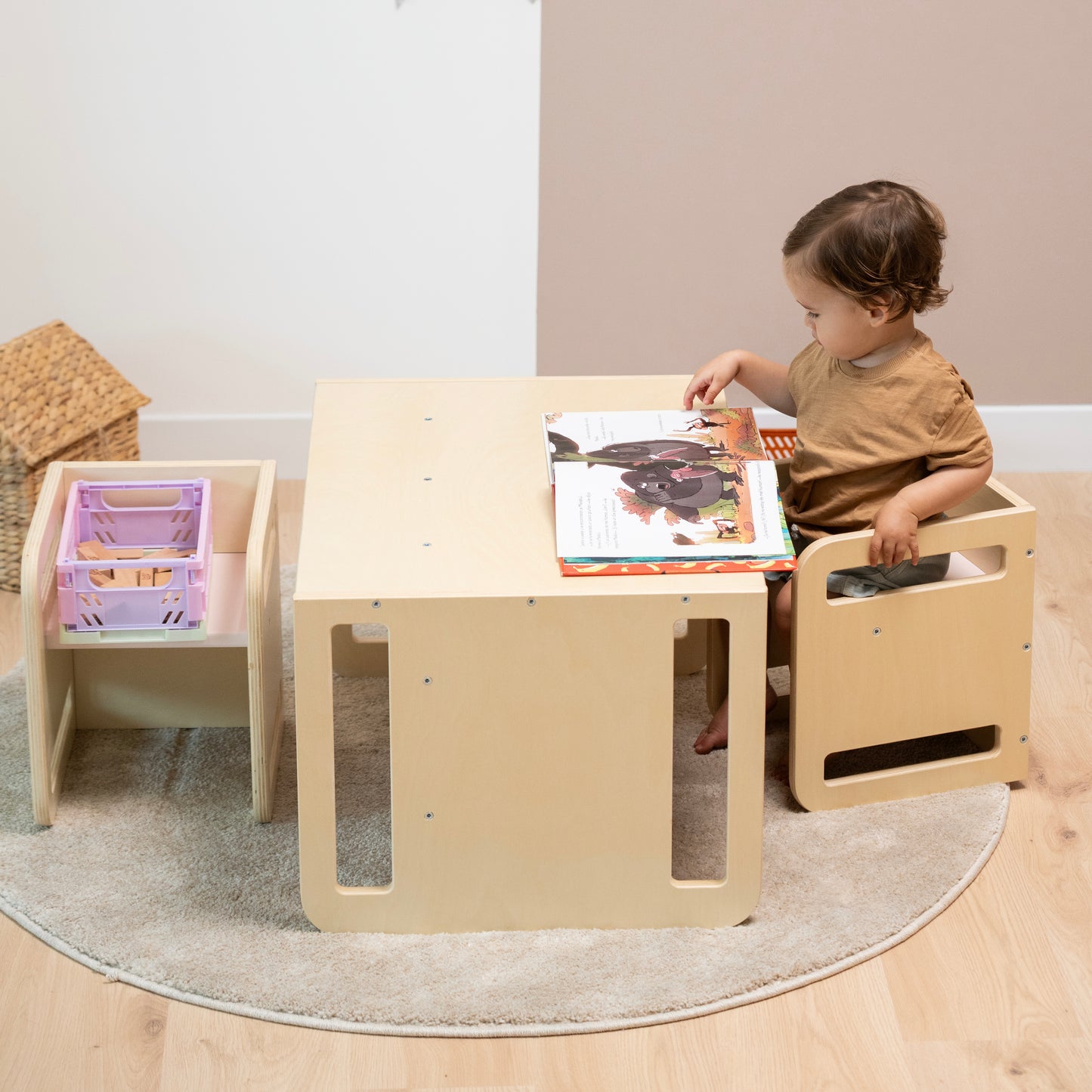 Wooden Montessori table set for kids- Light Pink