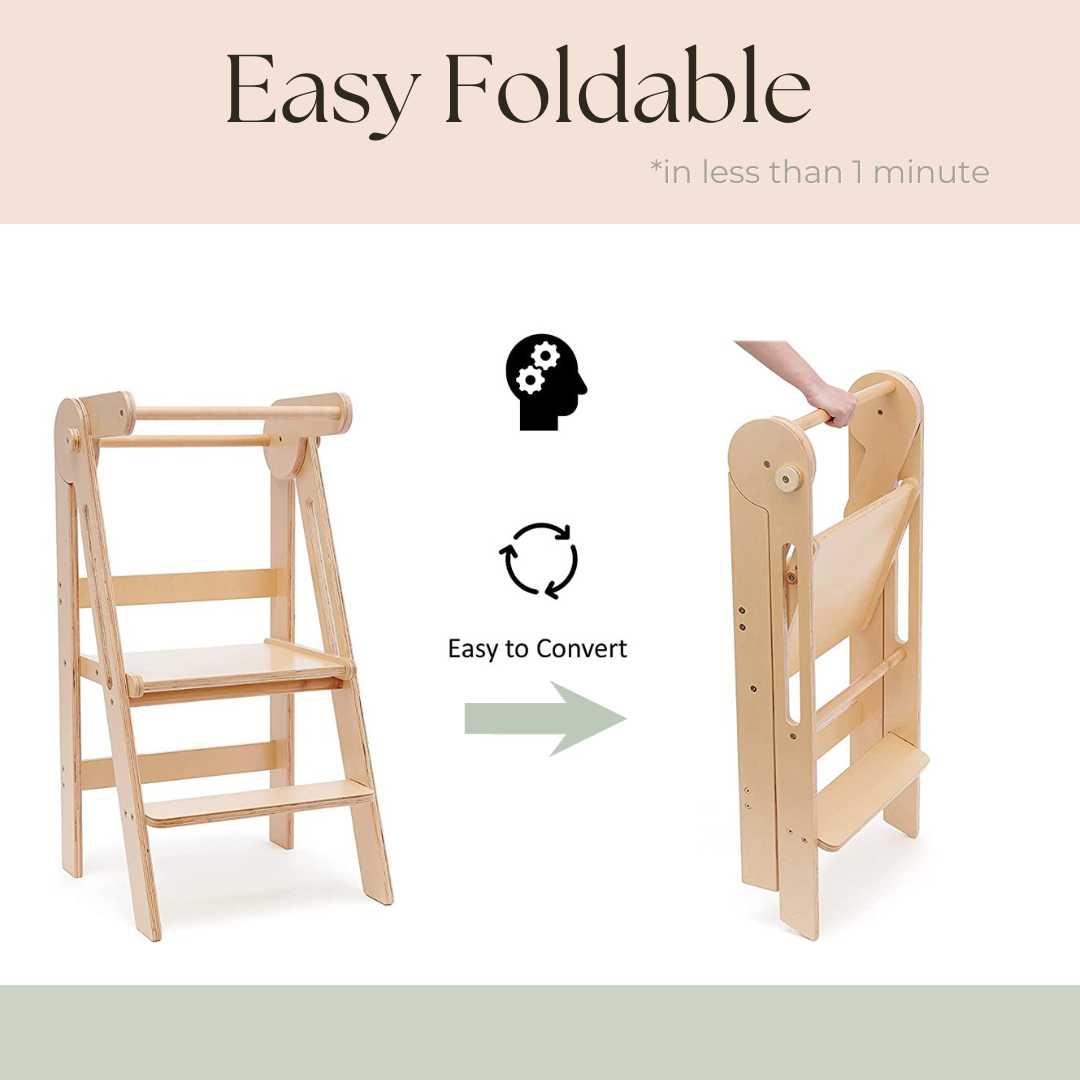 Foldable wooden learning tower-Natural