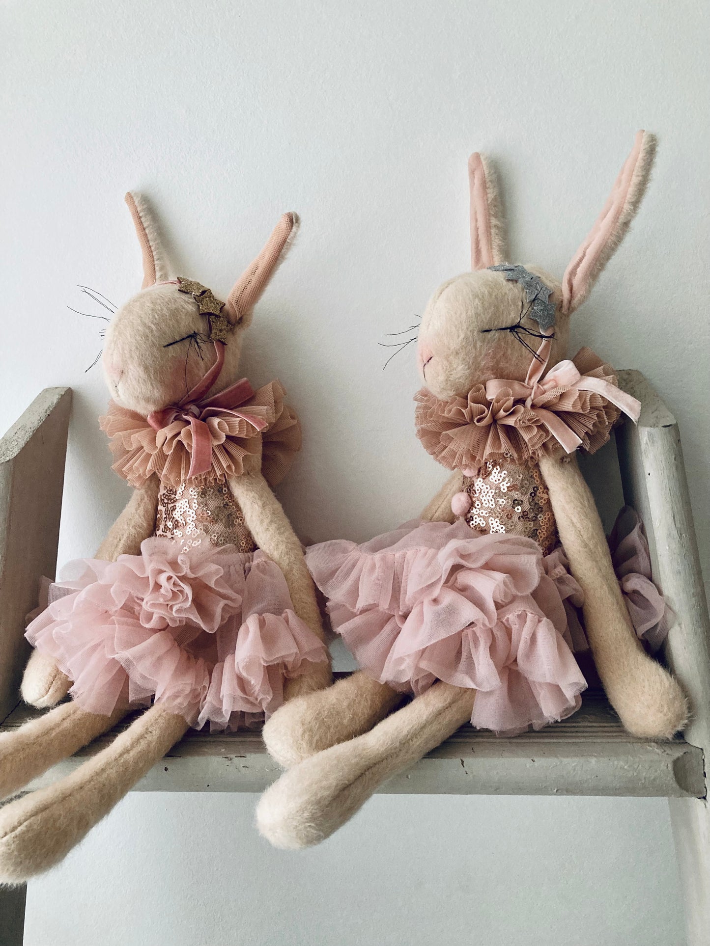 Miss Lapin Fluffy bunny ballerina handmade doll- Pink and gold