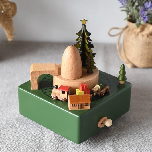 Wooden musical carousel box- Christmas Tree and train