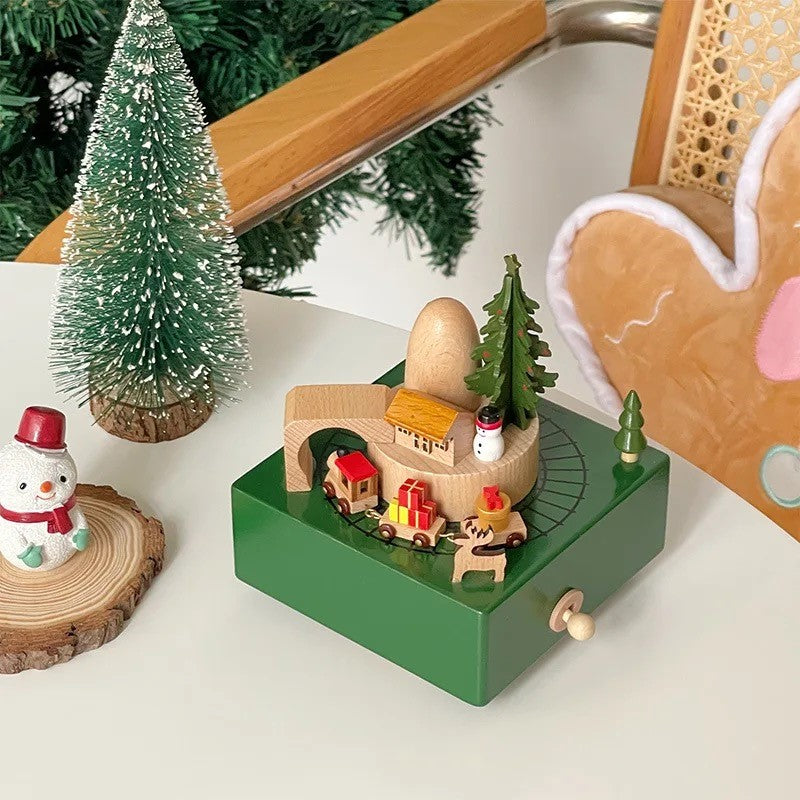 Wooden musical carousel box- Christmas Tree and train