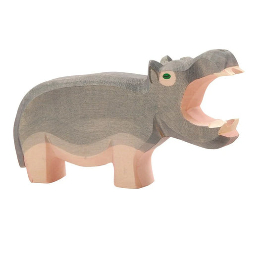 Wooden hippopotamus figurine with open mouth