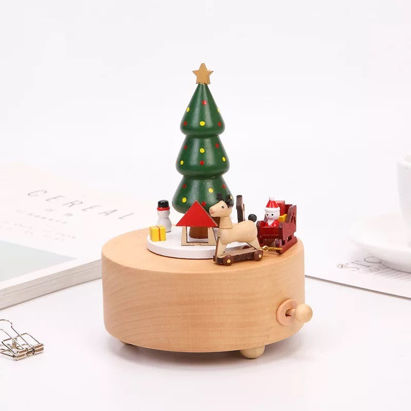 Wooden musical carousel box- Christmas Tree and sledge