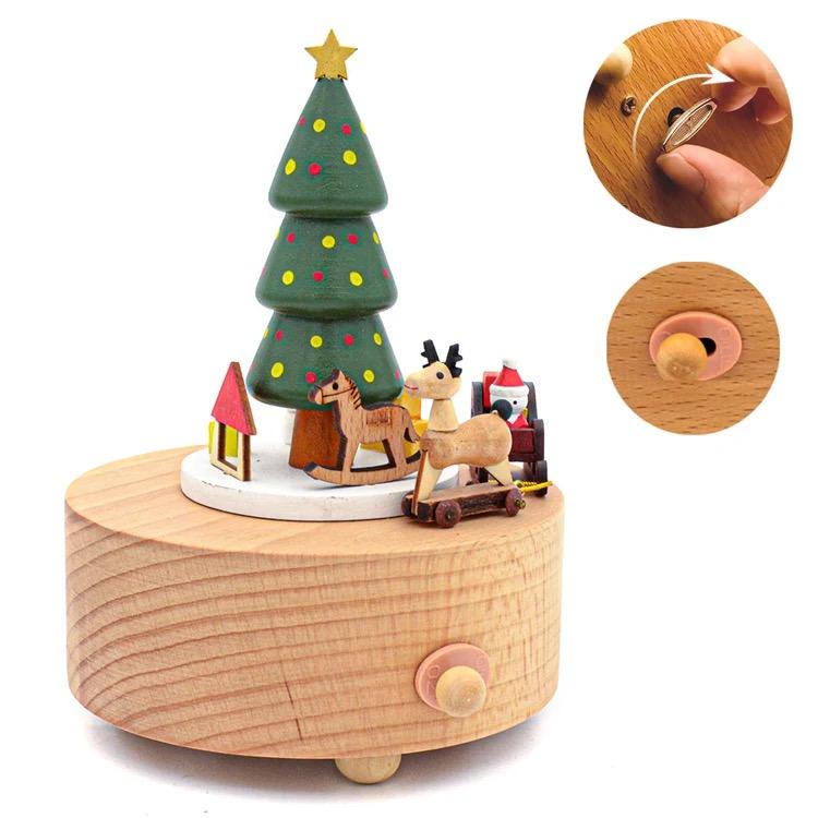 Wooden musical carousel box- Christmas Tree and sledge