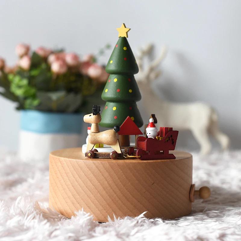 Wooden musical carousel box- Christmas Tree and sledge