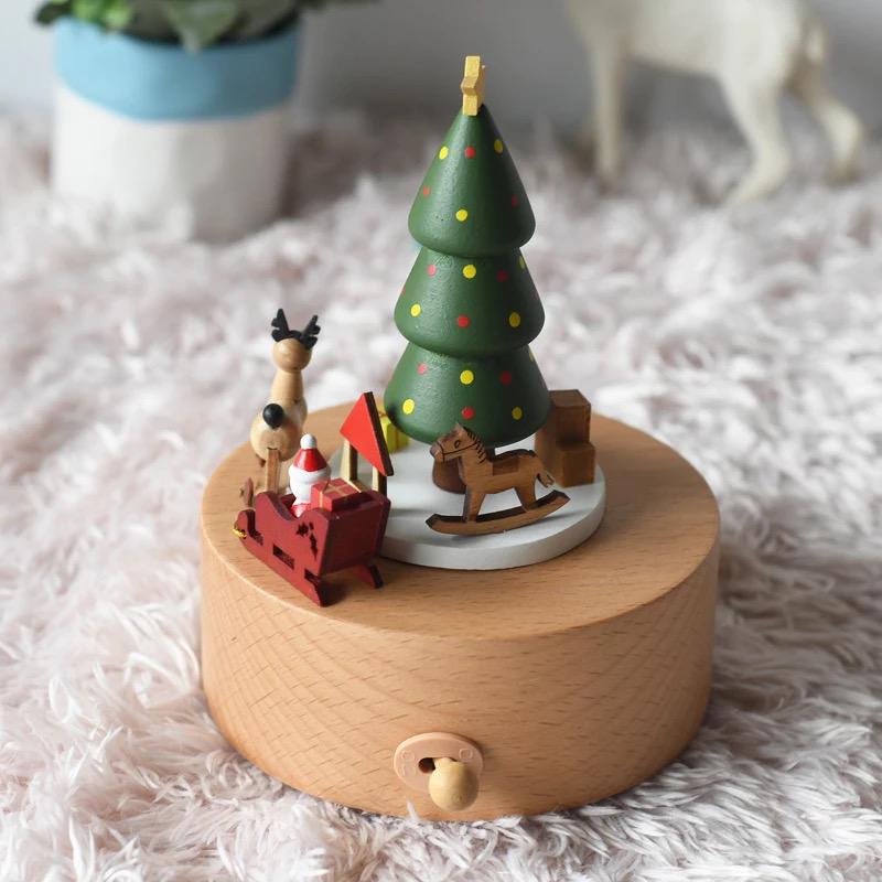 Wooden musical carousel box- Christmas Tree and sledge