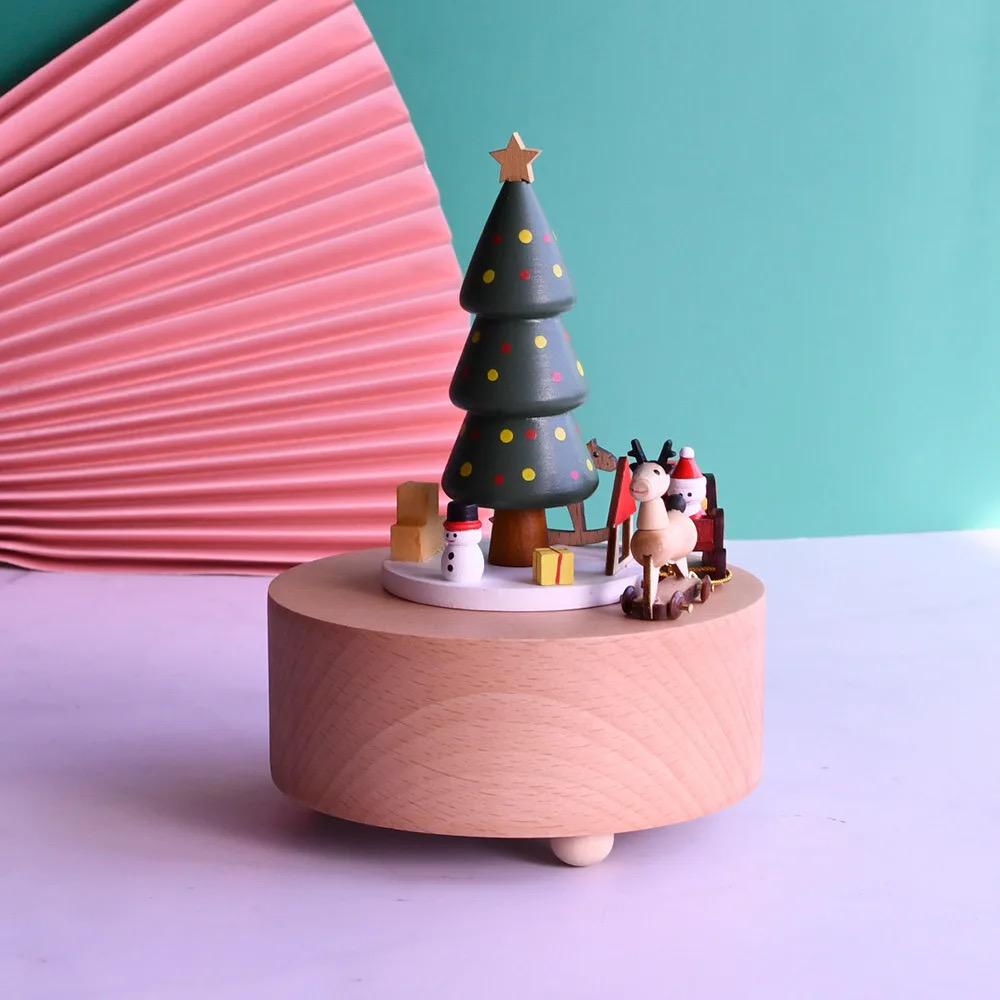 Wooden musical carousel box- Christmas Tree and sledge