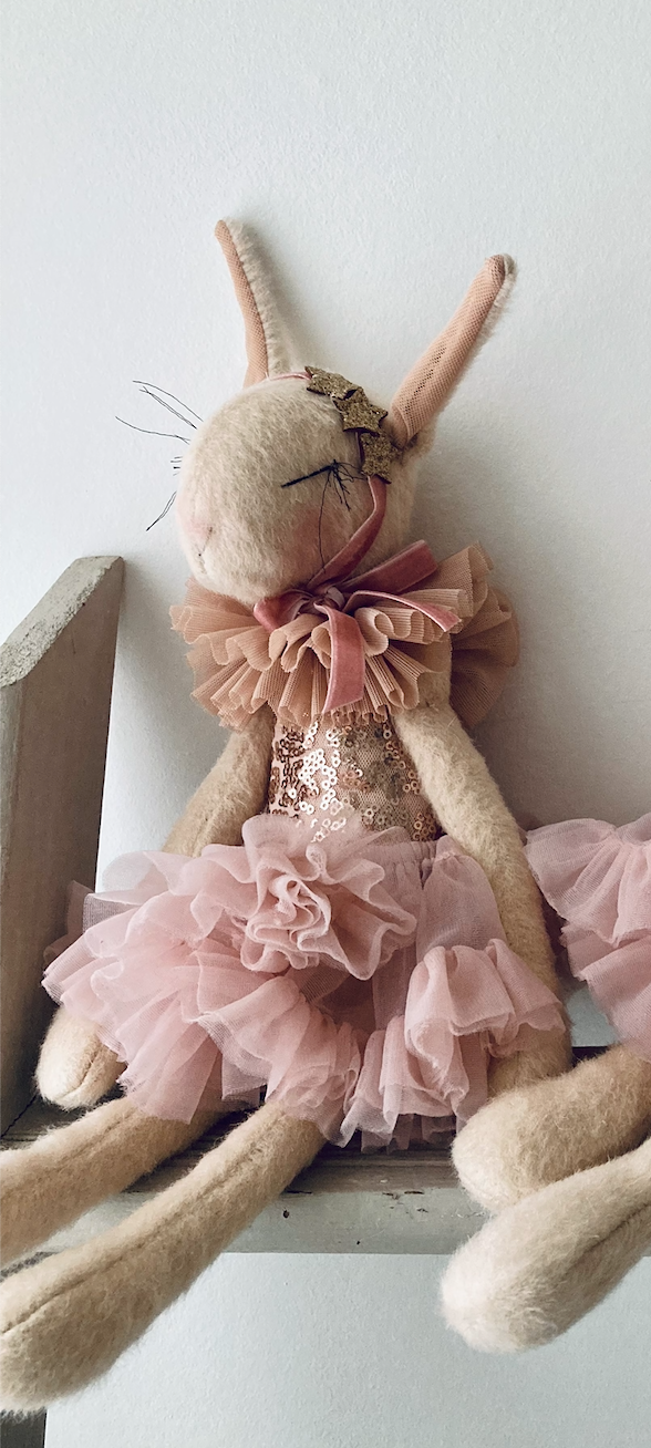 Miss Lapin Fluffy bunny ballerina handmade doll- Pink and gold
