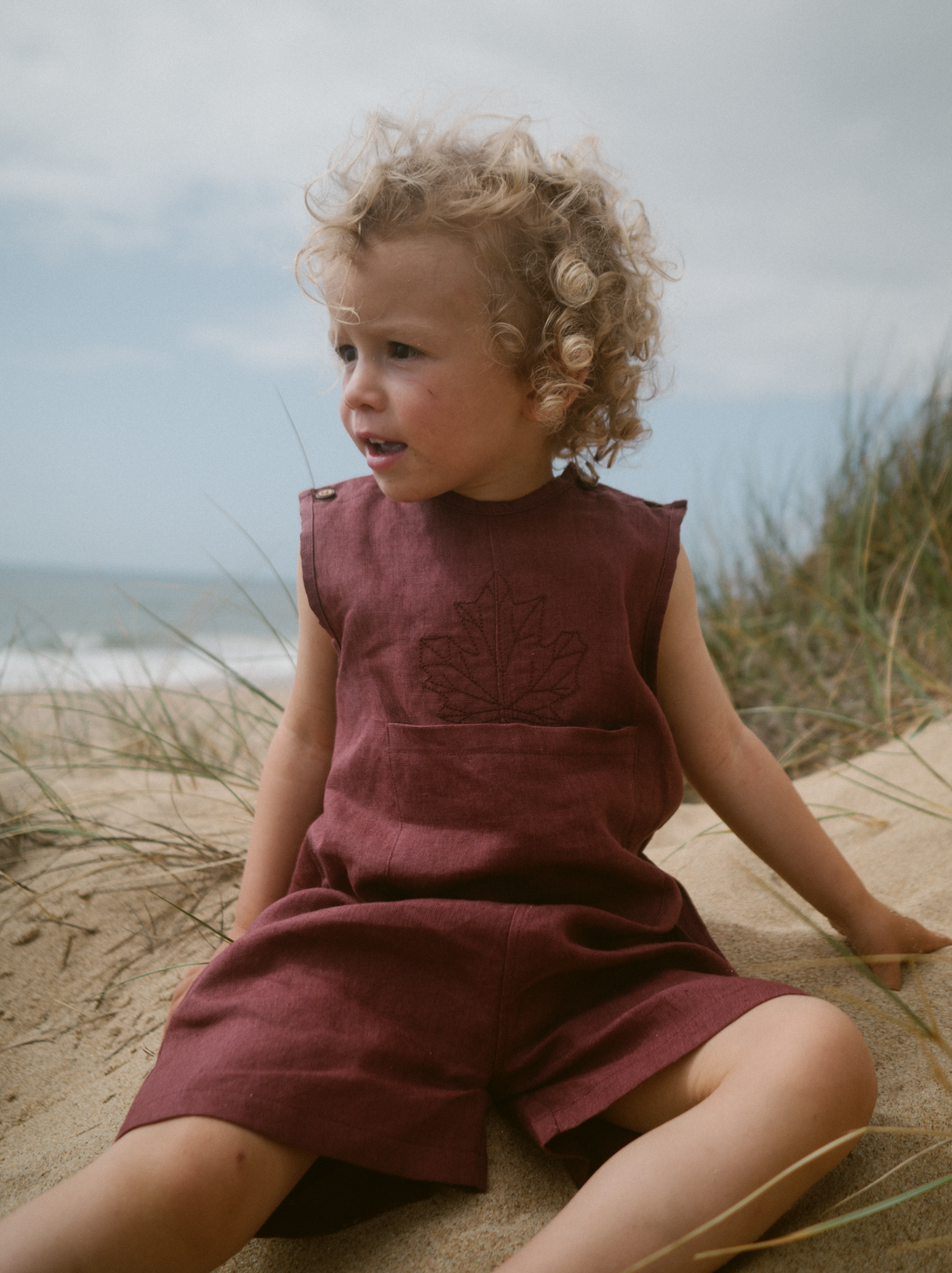 Maple unisex burgundy linen romper-Canyon Clay