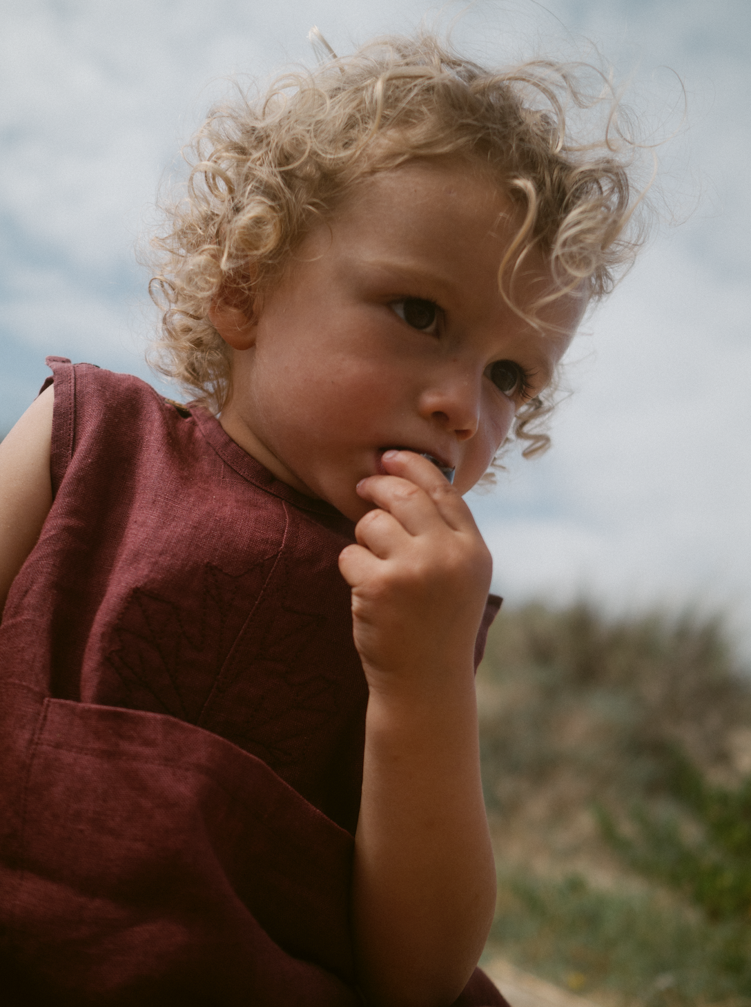 Maple unisex burgundy linen romper-Canyon Clay