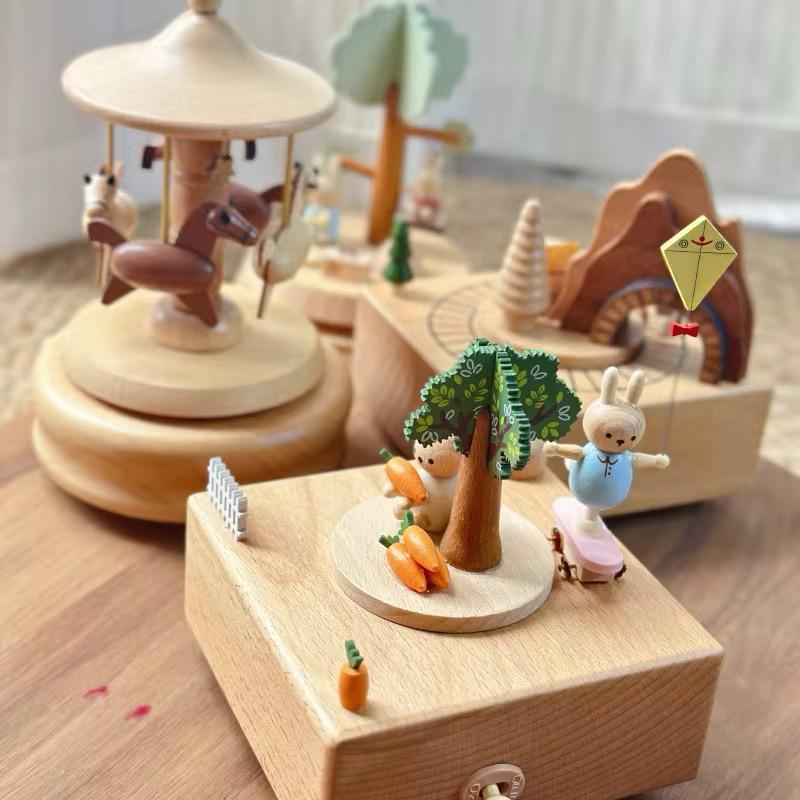 Wooden musical carousel box- Bunny and kite