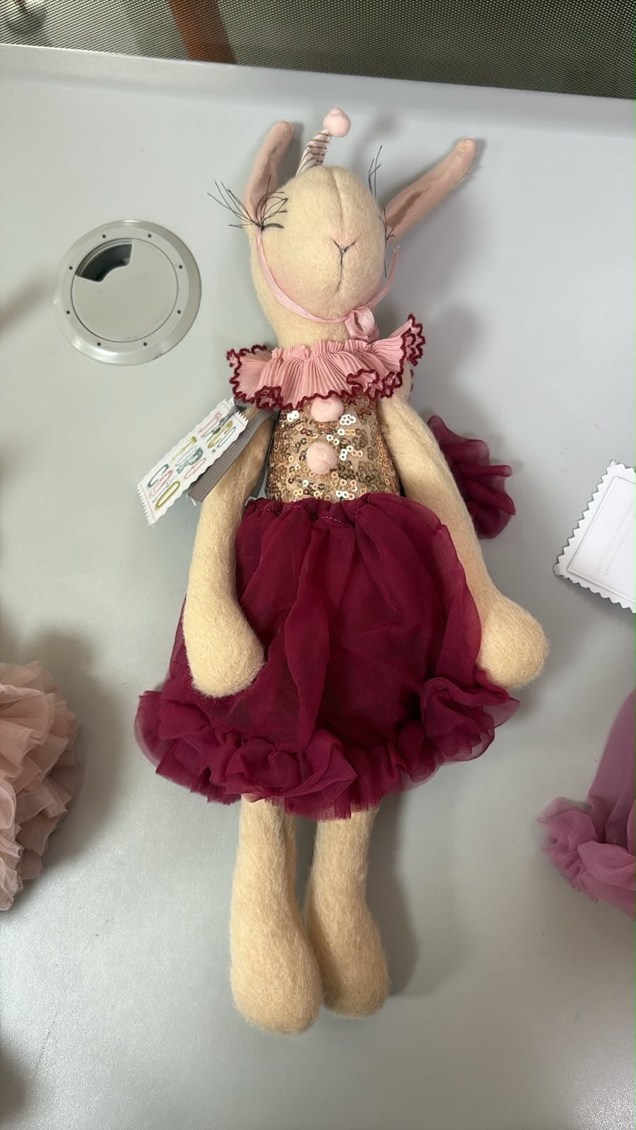 Miss Lapin Fluffy bunny ballerina handmade doll- Burgundy and Gold