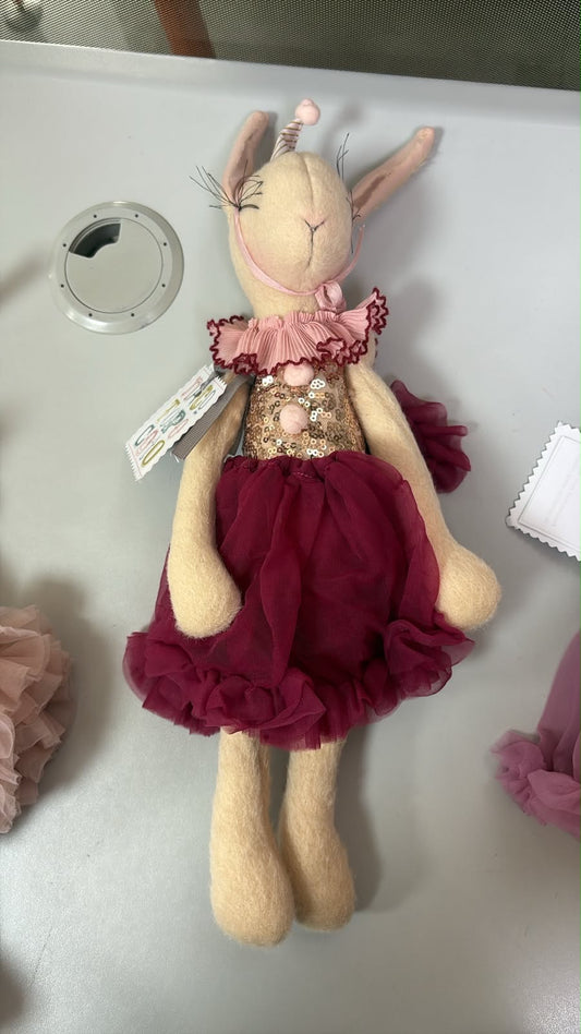 Miss Lapin Fluffy bunny ballerina handmade doll- Burgundy and Gold