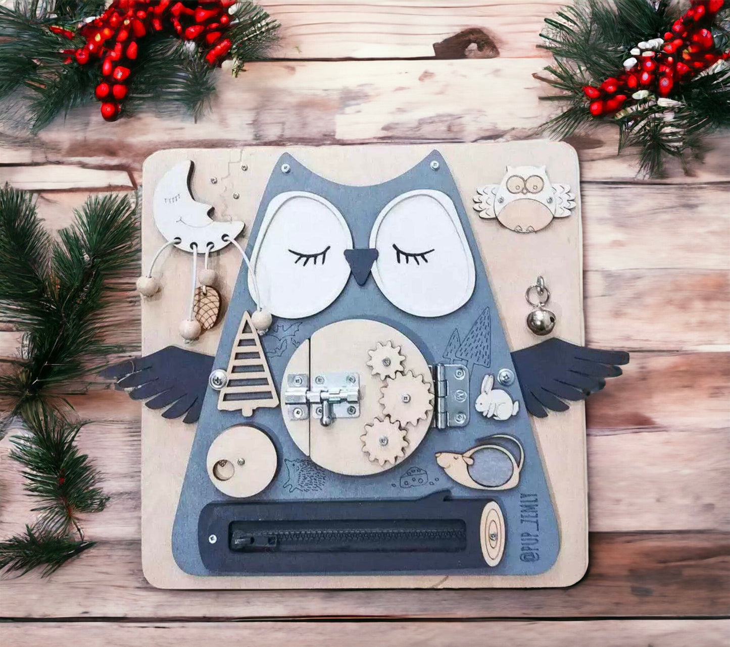 Mrs Owl wooden busy board - Blue