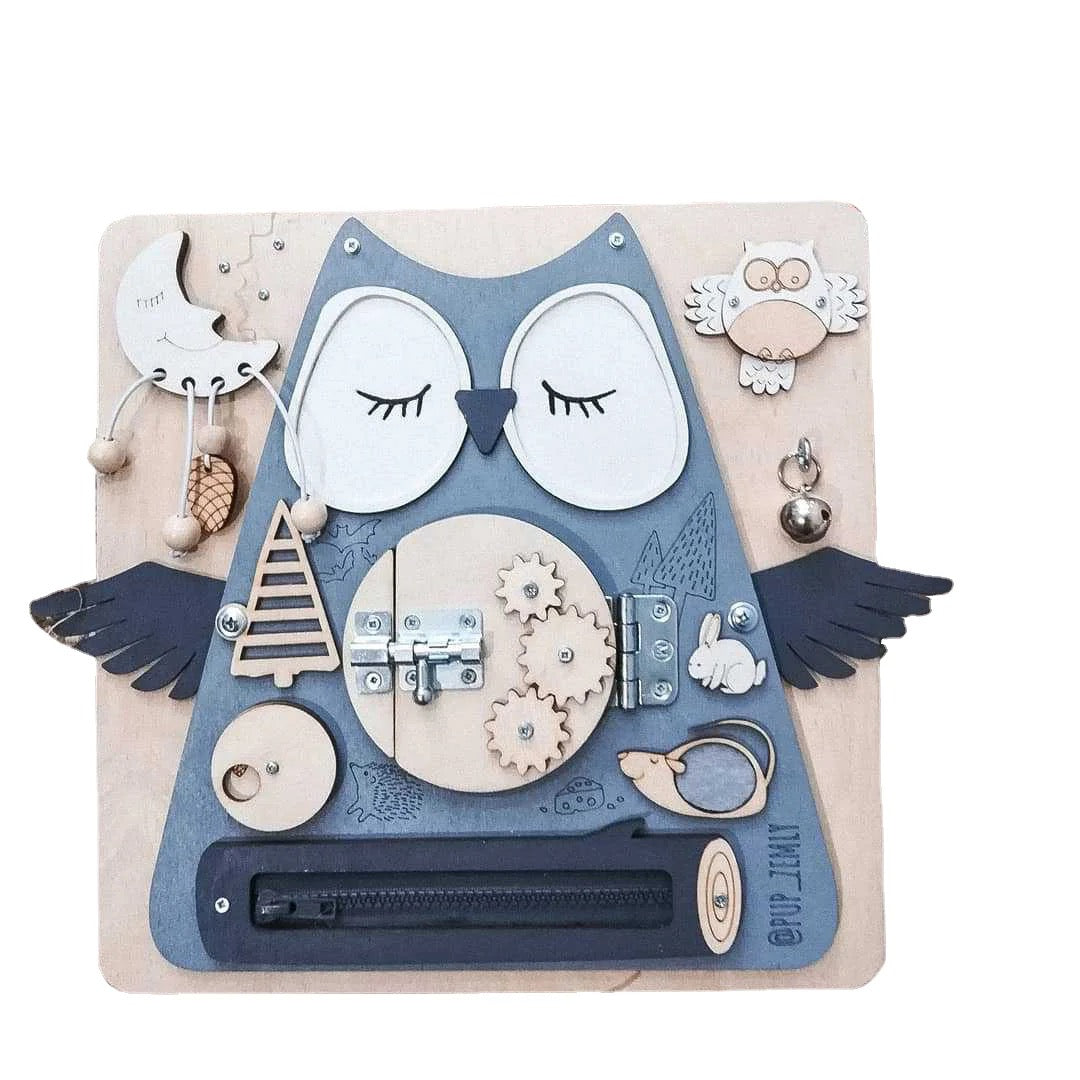 Mrs Owl wooden busy board - Blue