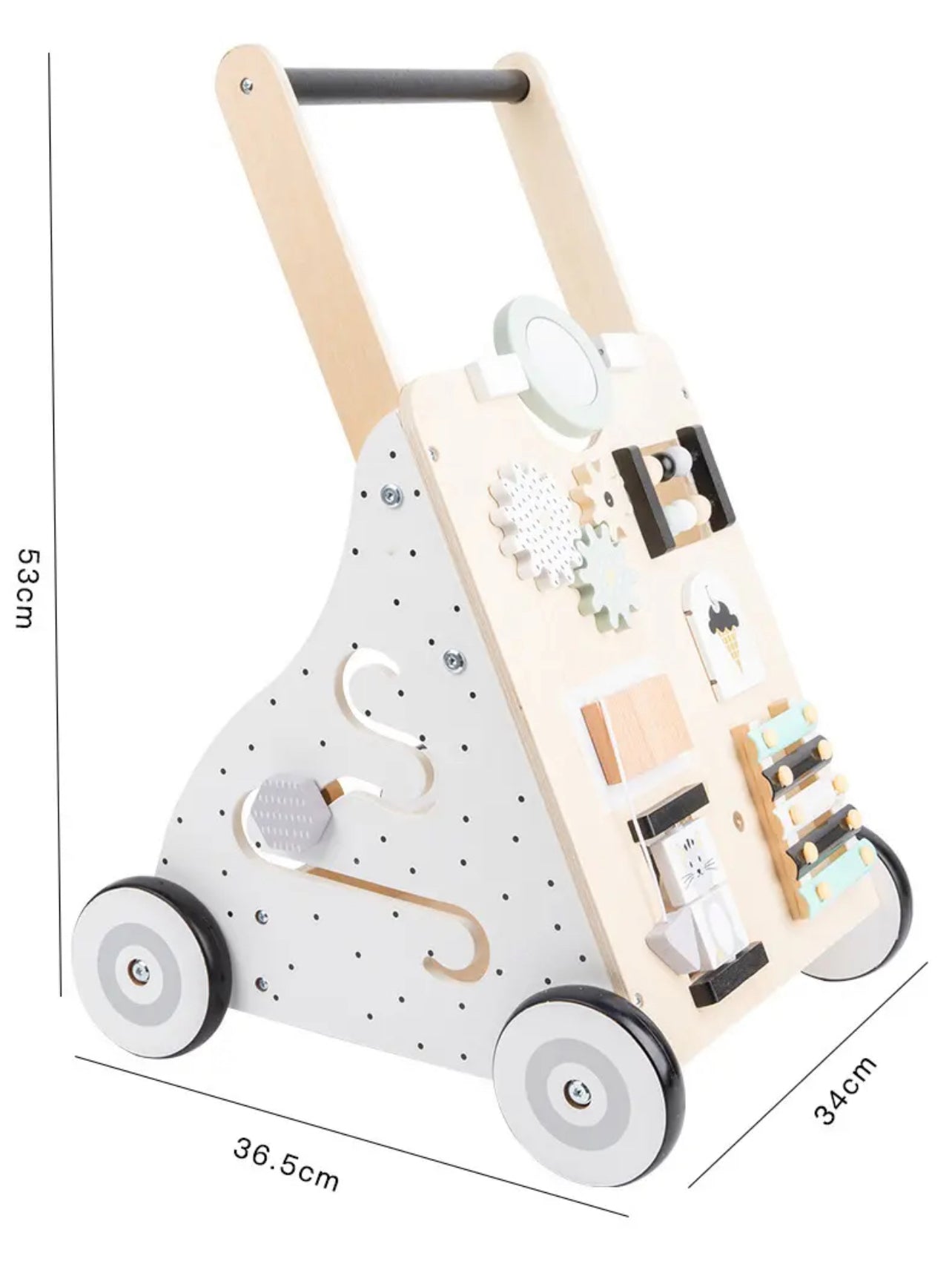 Wooden walker with busy board- White