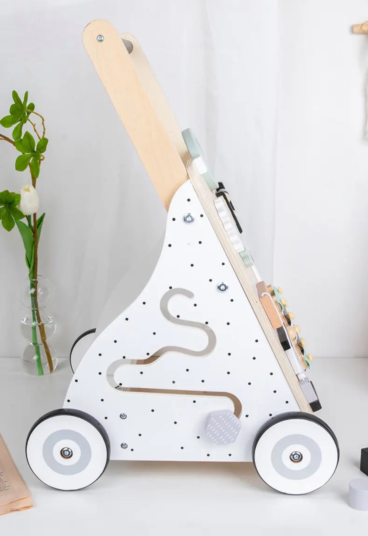 Wooden walker with busy board- White