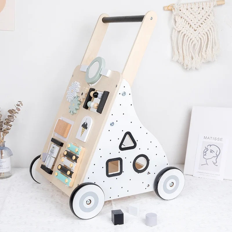 Wooden walker with busy board- White