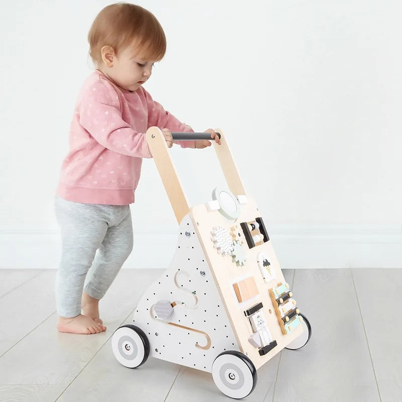 Wooden walker with busy board- White