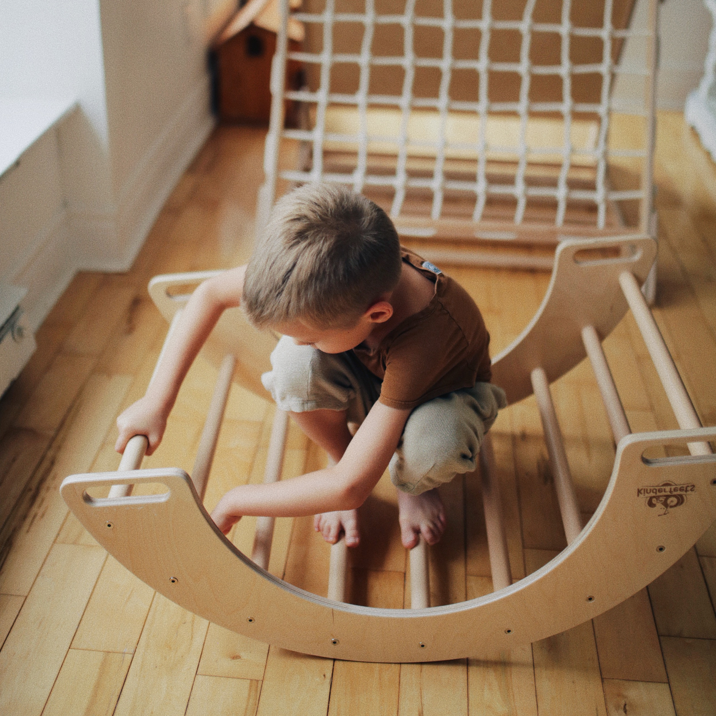 Wooden pikler rocking and climbing arch
