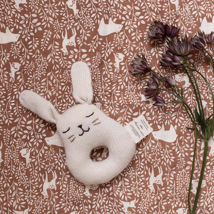 Alpaca wool hand knitted Bunny baby rattle - Ecru