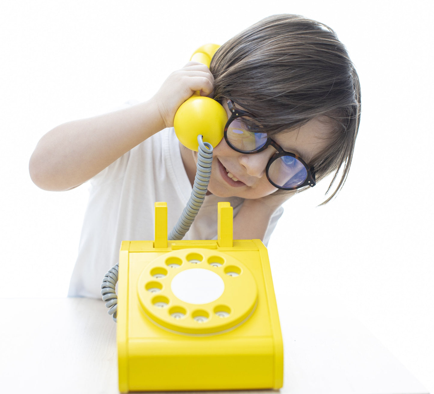Wooden kids telephone with coins - Yellow