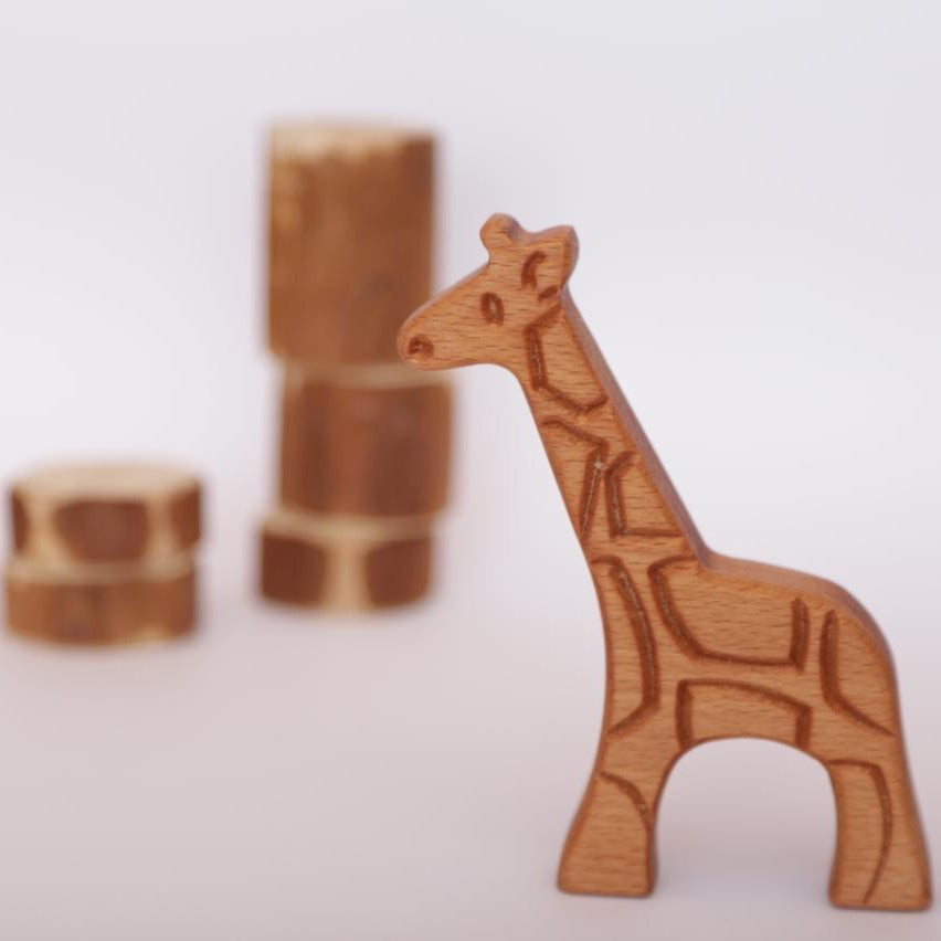 Wooden Elephant and Giraffe animals set