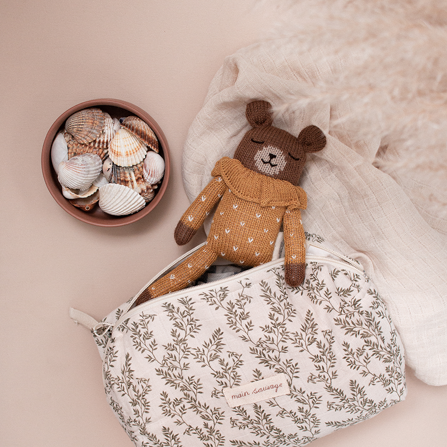 Alpaca wool Teddy handknitted soft toy - Ochre dots pyjamas