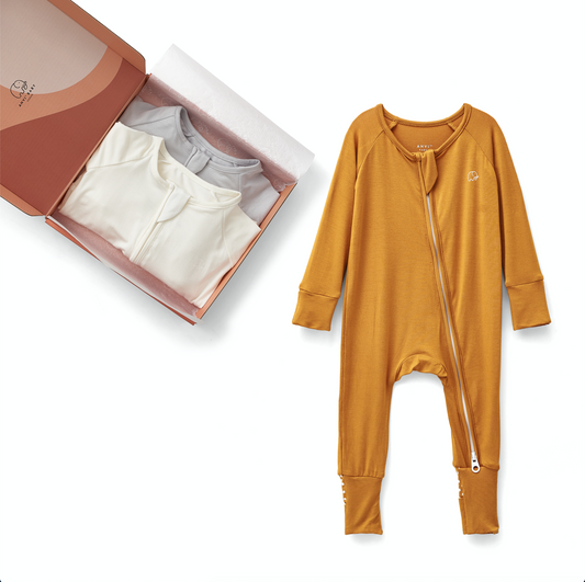 Baby gift set of 3 bamboo zipper sleepsuits - White/Grey/Mustard