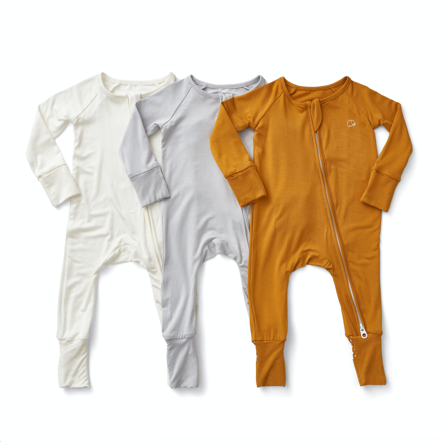 Baby gift set of 3 bamboo zipper sleepsuits - White/Grey/Mustard