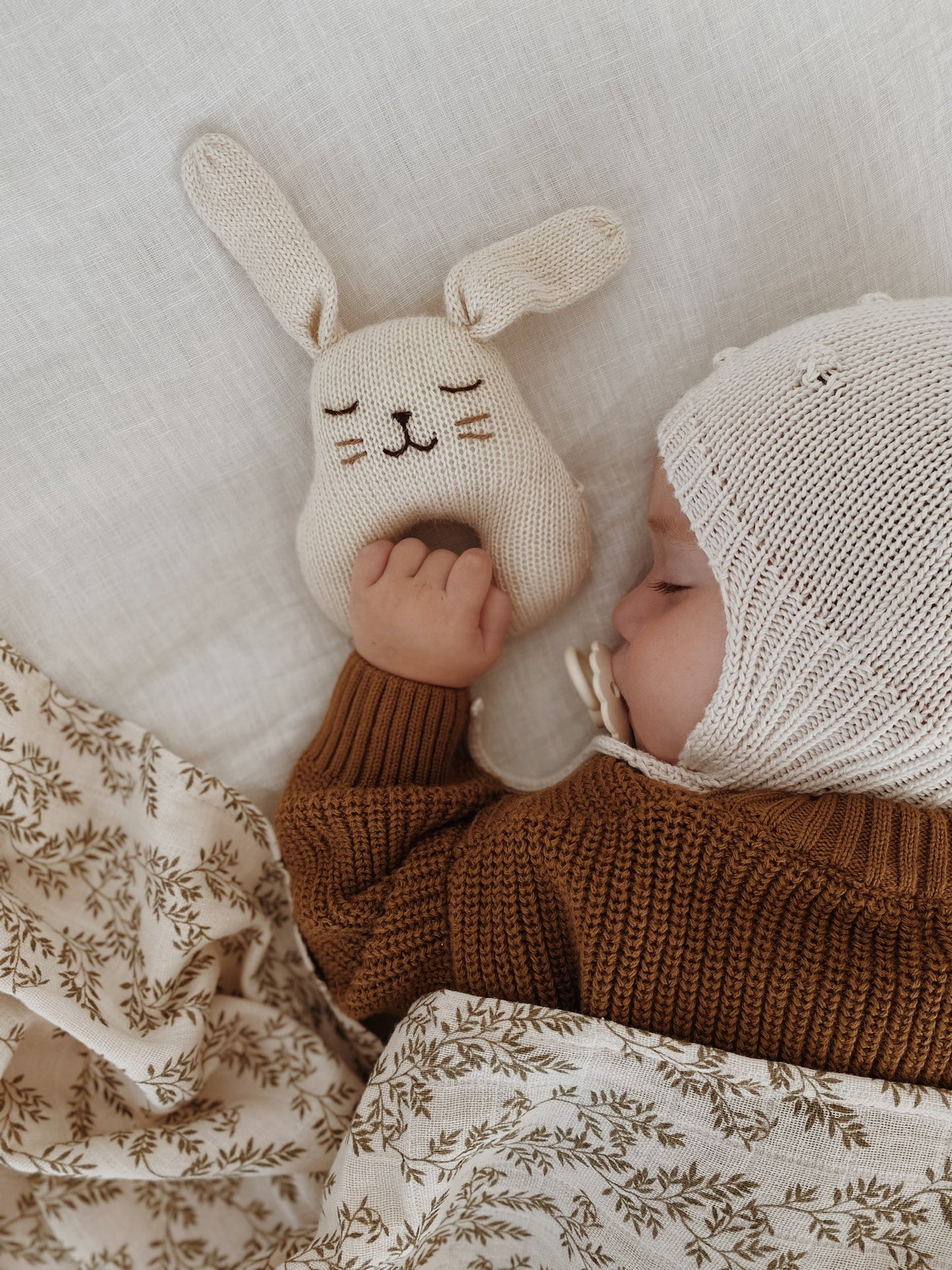 Alpaca wool hand knitted Bunny baby rattle - Ecru