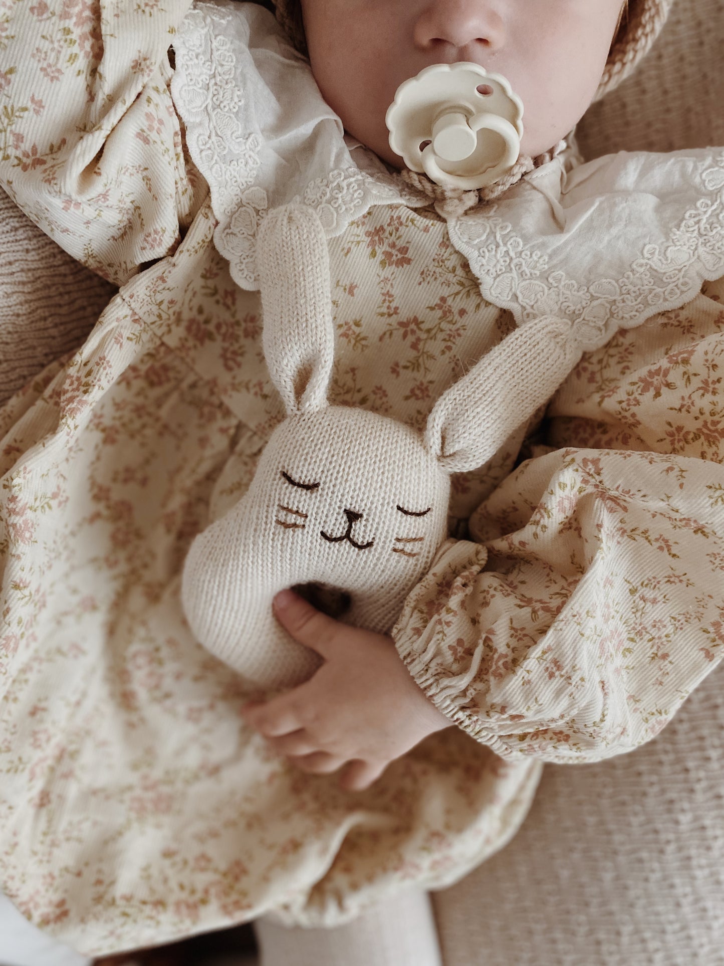 Alpaca wool hand knitted Bunny baby rattle - Ecru